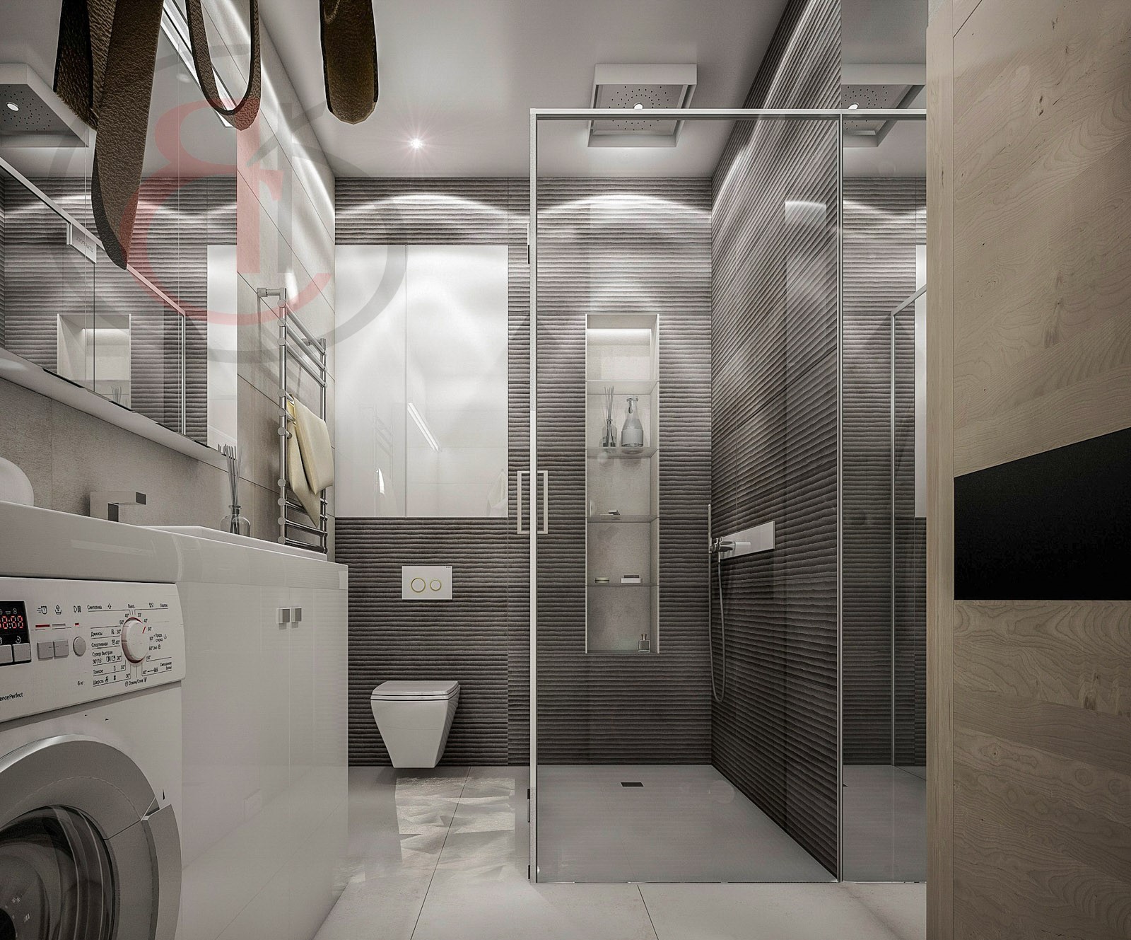 Интерьер большой ванной комнаты для современной новостройки, Интерьер совмещенного санузла (6)