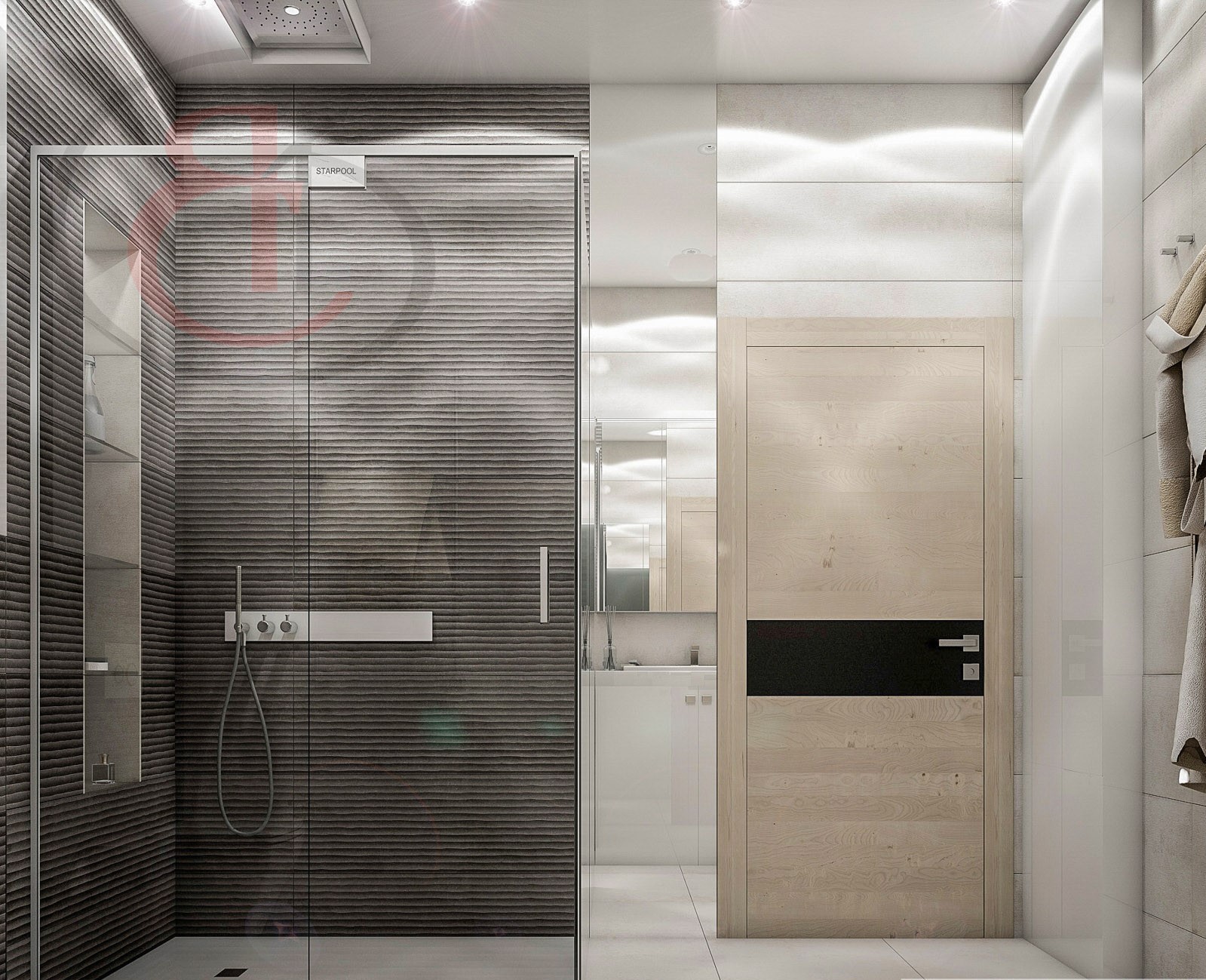 Интерьер большой ванной комнаты для современной новостройки, Интерьер совмещенного санузла (4)