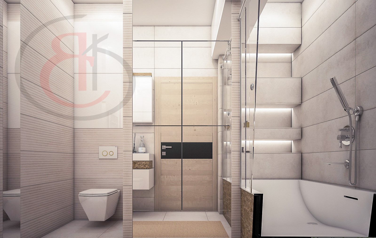 Интерьер большой ванной комнаты для современной новостройки, Интерьер совмещенного санузла (3)